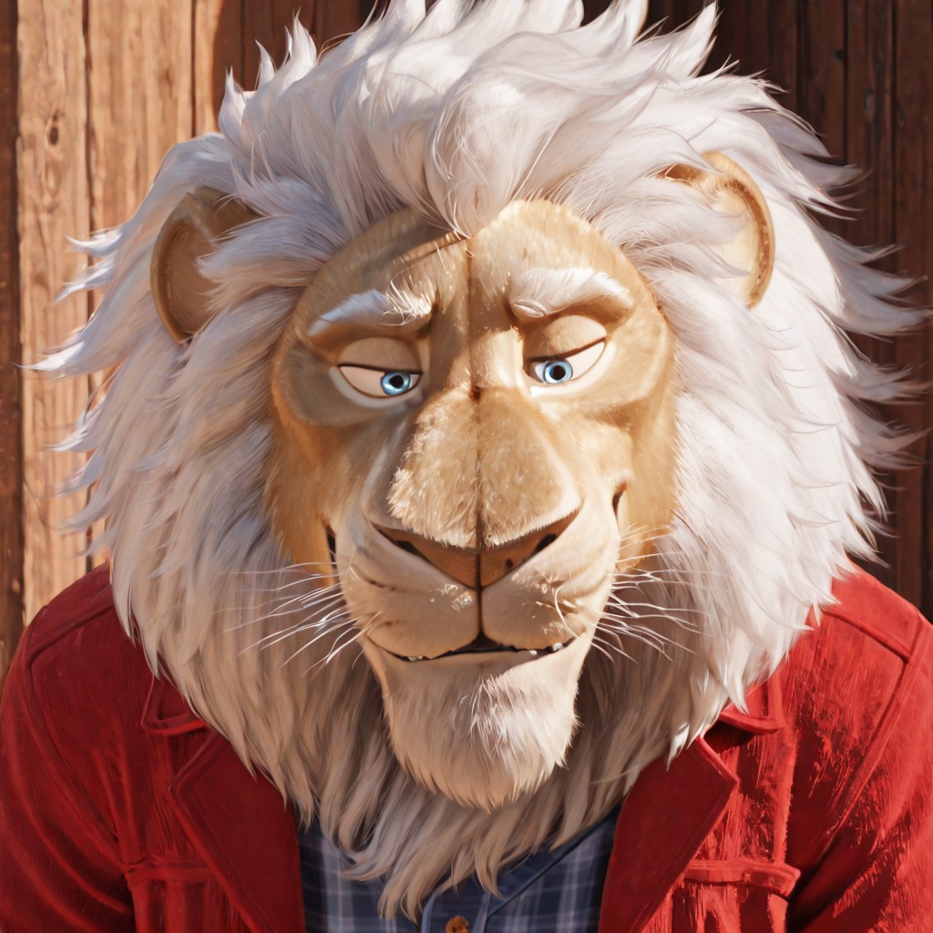 masterpiece, best quality, amazing quality, Calloway, furry male, solo, older male, lion, blue eyes, whiskers, animal ears, white hair, facial hair, tan fur, white mane, white eyebrows, thick eyebrows, red coat, blue plaid button-up shirt underneath, blue jeans, brown belt, brown boots, close up, face shot, portrait, smile,