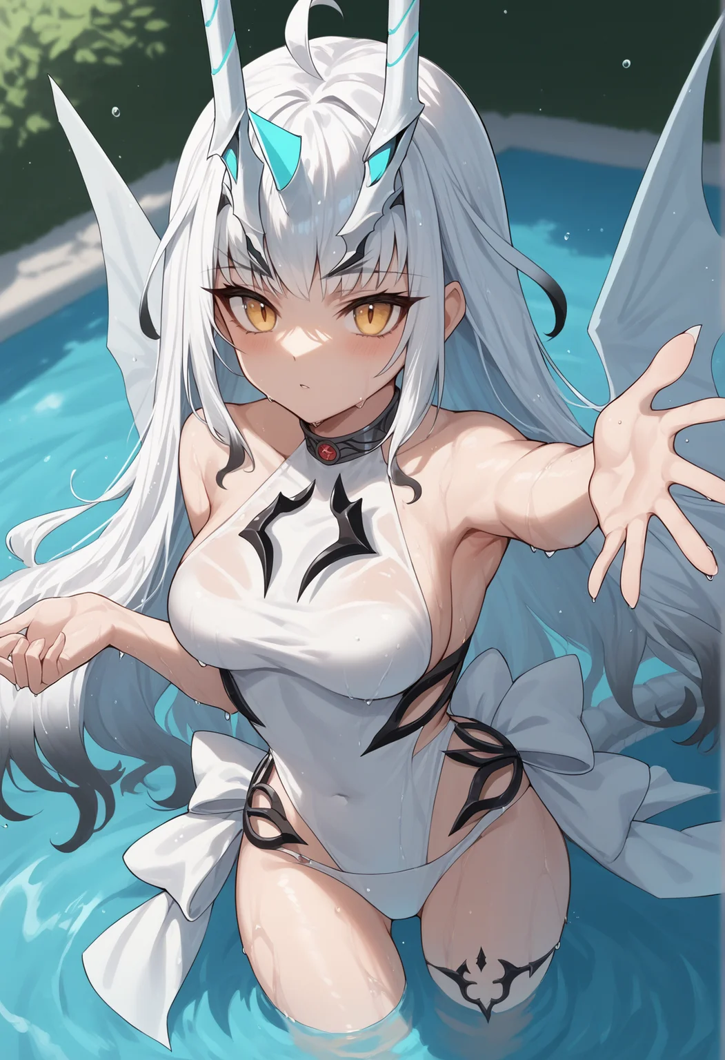 1girl, forked eyebrows, white hair, long hair, gradient hair, yellow eyes, v-shaped eyebrows, horns, one-piece swimsuit, white wings, dragon tail, partially submerged, pool, reaching towards viewer, wet <lora:Melusine_pony_v3:1>, score_9, score_8_up, score_7_up, score_6_up, score_5_up, score_4_up, BREAK source_anime, masterpiece