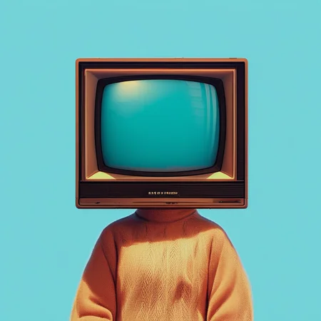 dzktxez, solo, one-eyed, blue background, sweater, holding, tv head, long sleeves, 1girl, upper body, blue eyes, retro, television, realistic, tv, screen, score_9, score_8_up, score_7_up, score_6_up, score_5_up, score_4_up