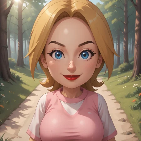 score_9, score_8, BREAK, solo, wii, mii, wii sports, 1girl, female mii, blonde hair, blue eyes, brown eyebrows, red lips, lipstick, pink clothing, white pants, shoes, (((big breasts))), nintendo mii, modern_mii, classic_mii, Montserrat_(OC_Mii), cute, (((adult female, mature female))), tall, sexy pose, self portrait, smile, outdoors, sunlight, shadows, evening lighting, natural lighting, forest, trees, grass, orange sky, sunset
