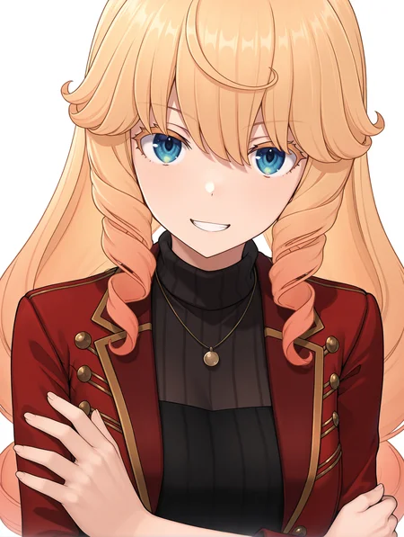 masterpiece,best quality,newest,
1boy,solo,
<lora:Nicole_Francisca_ilxl_v1.0>,nicole_f,blonde hair,grey gradient hair,blonde eyelashes,blue eyes,u.r.k,necklace,red jacket,black dress,turtleneck,<lora:Fixhands_anime_bdsqlsz_V1:1>,standing,white_background,simple_background,upper_body,crossed arms,grin,portrait,looking_at_viewer,