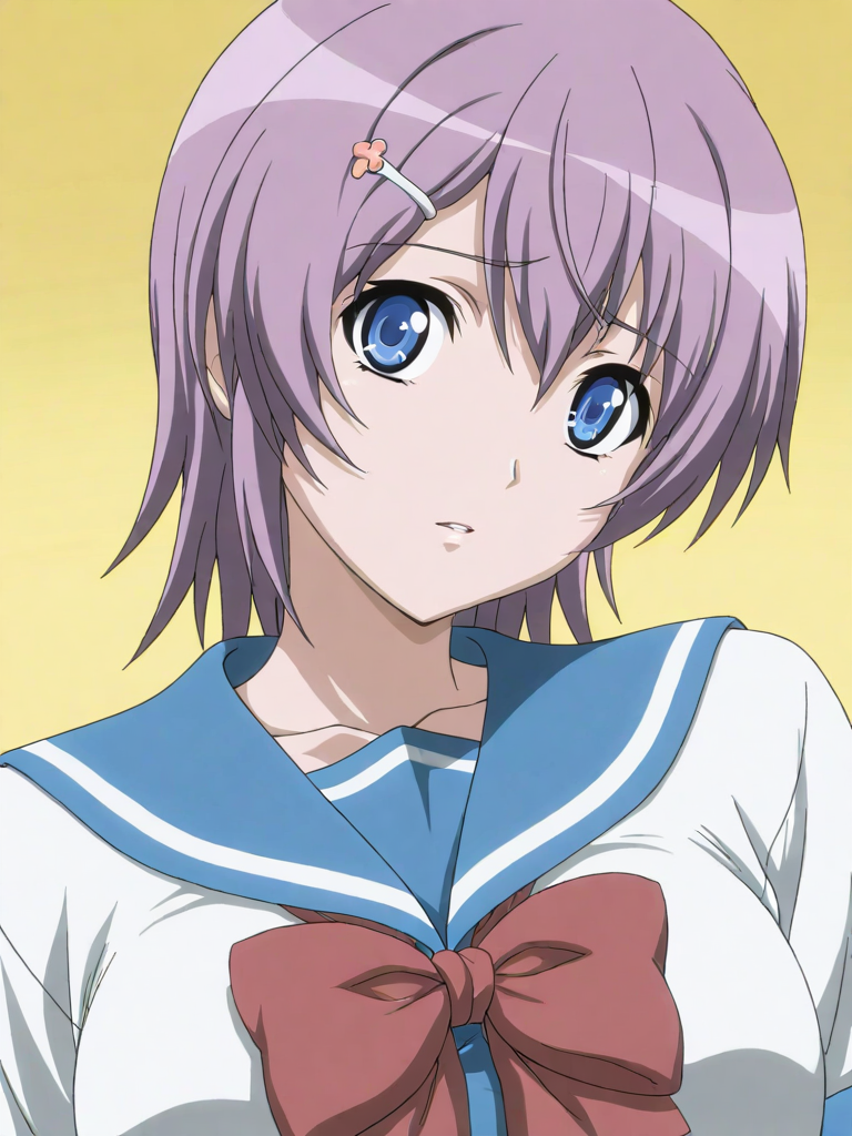 masterpiece,high score,great score,absurdres,solo,anime coloring,looking at viewer,upper_body,<lora:AnnaIchinose hassakuill30:1> annaichinose, purple hair, short hair, hairclip, blue eyes,serafuku,bow,