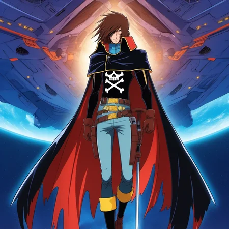 anime artwork a full body man, solo, cape, brown hair, scar, black gloves,sword, in a spaceship<lora:Albator1024_r1:0.8> . anime style, key visual, vibrant, studio anime, highly detailed