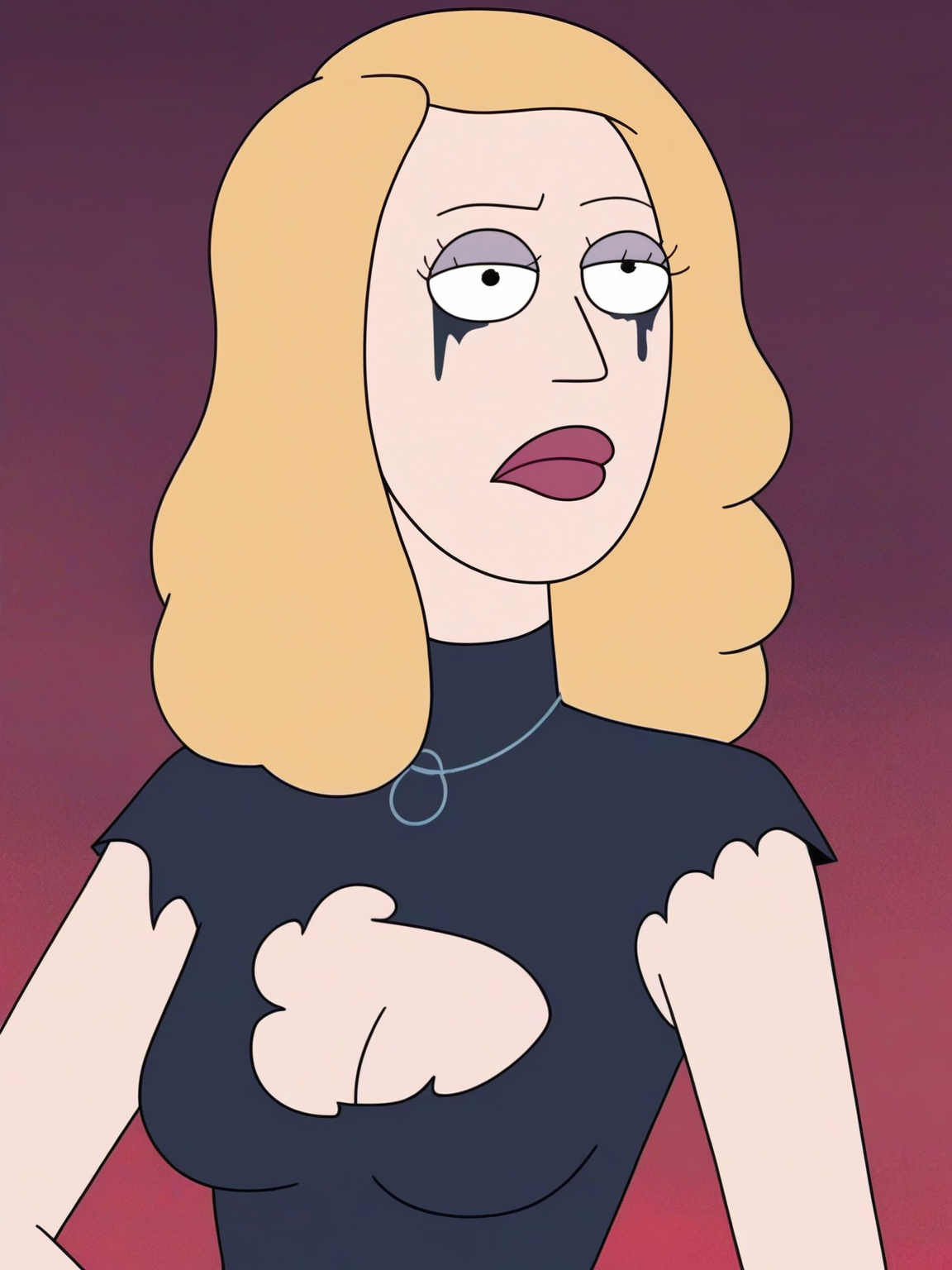 <lora:Beth_SmithV2:0.8> b_s, 1girl, blonde hair, pupils black dots, red lips,  goth outfit, ((torn revealing clothes)), goth makeup, score_9, score_8_up, score_7_up,