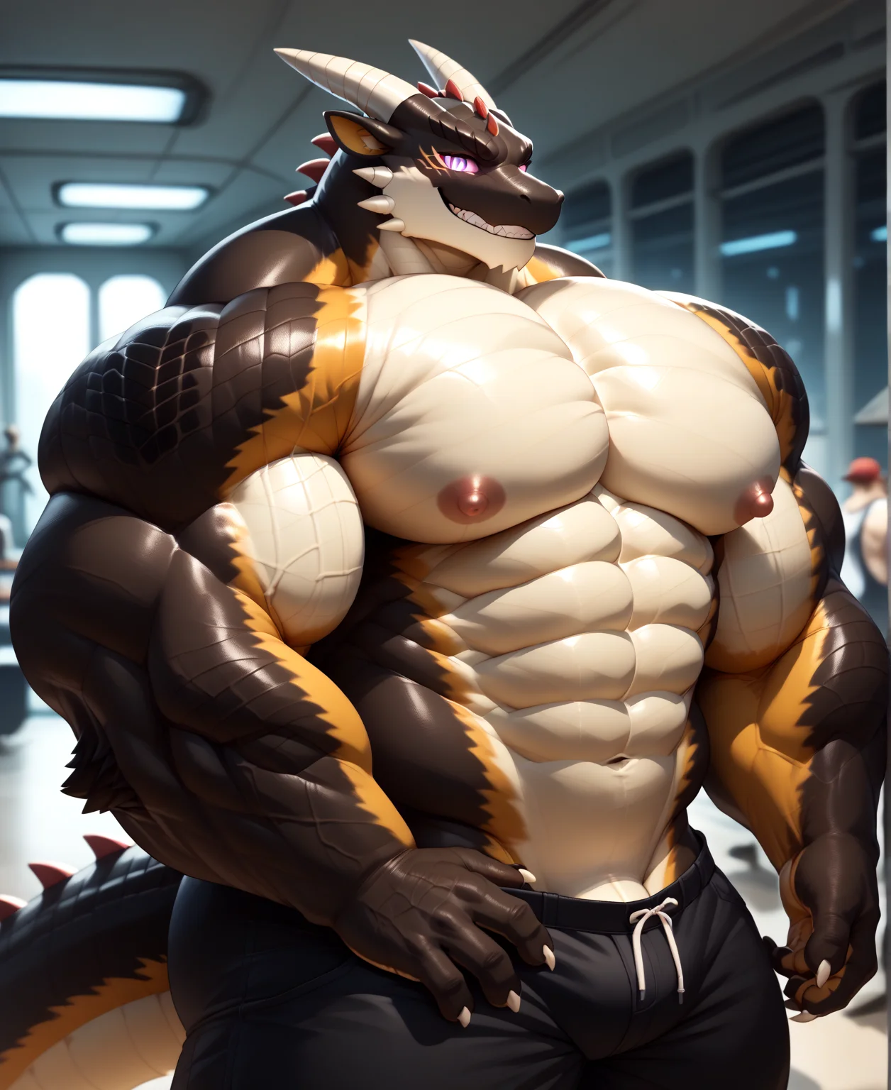 score_9, score_8_up, score_7_up, hi res, (Symbiotic Black Dragon), fursuit anthro, blurred background, male, muscular, muscular anthro, muscular male, hyper muscles bigger, hyper gigantic muscles, hyper muscles pumping, long thick tail, solo, detailed background, (kemono), suggestive, pants, Sci-fi Spaceship Background, closed mouth, grin, claws, lying down, dripping black goo from body, defined abs, 4 fingers, white glowing eyes, body patterns, reptilian head, body spikes.