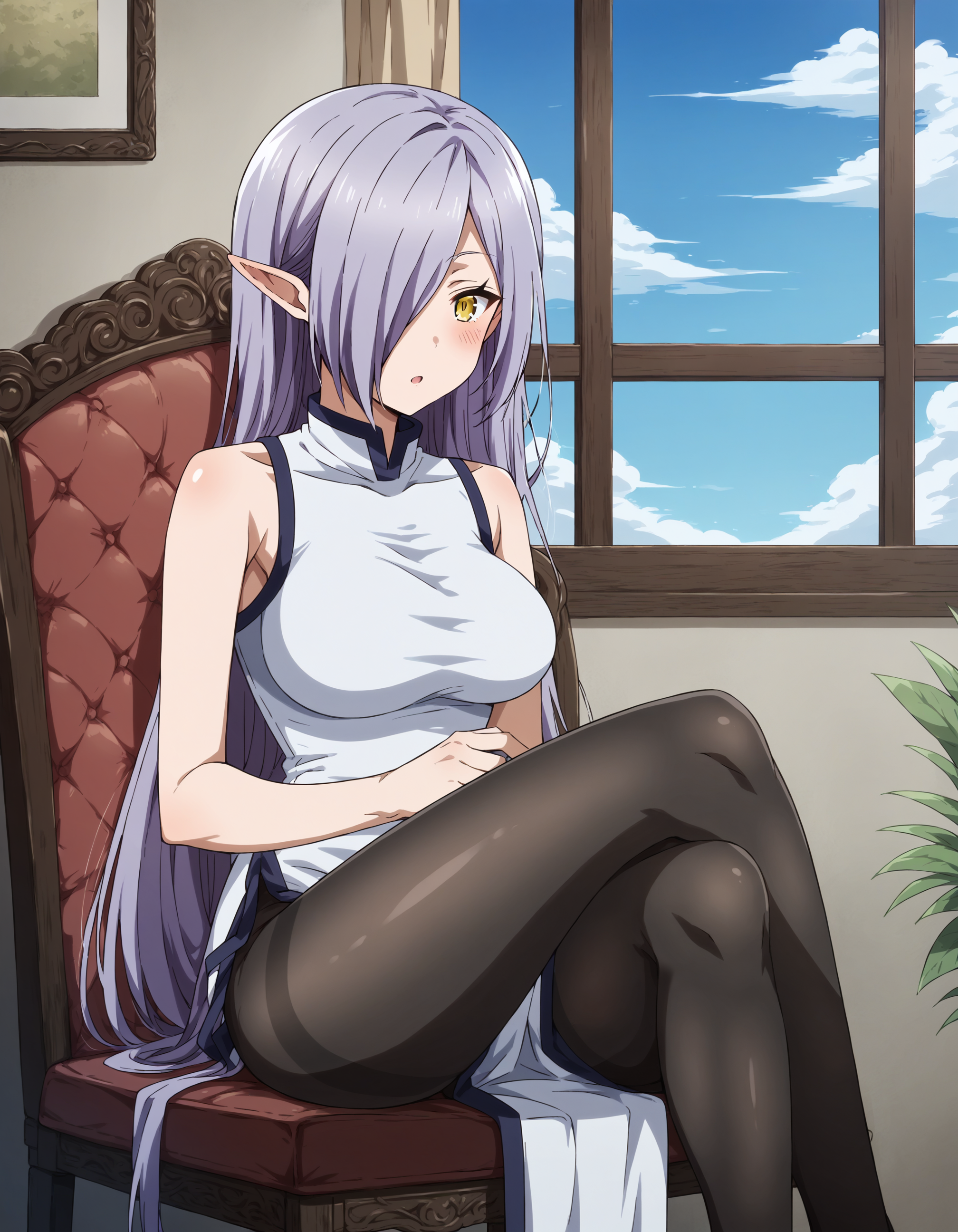 score_9, score_8_up, score_7_up, score_6_up, score_5_up, score_4_up, source_anime, anime coloring, rating_explicit
BREAK
kyarotto_olis, 1girl, solo, purple hair, very long hair, hair over one eye, pointy ears, yellow eyes, sleeveless dress, white dress, (long dress:1.2), side slit, black pantyhose, looking at viewer, blush, sitting, crossed legs, on chair
BREAK
wooden chair, window, indoors, day, blue sky
<lora:kyarotto_PeachBoyRiverside_ponyxl_v1:1>