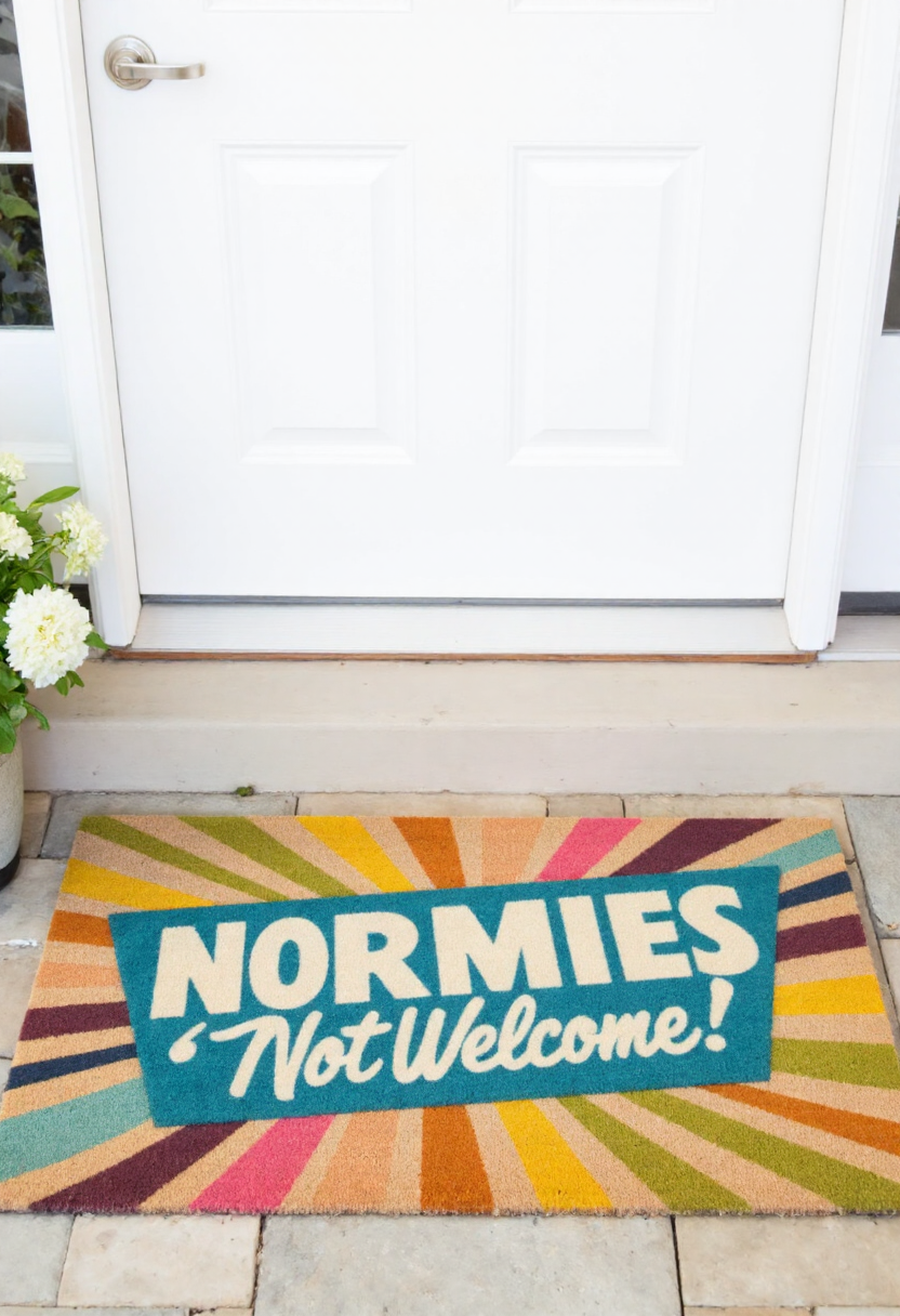 <lora:Welcome_Mat_Manufacturer_FLUX-000023:0.9>
This photograph captures a colorful welcome mat placed in front of a white front door. The mat features a vibrant, colorful design with the phrase "Normies Not Welcome" in bold, white, all caps letters.