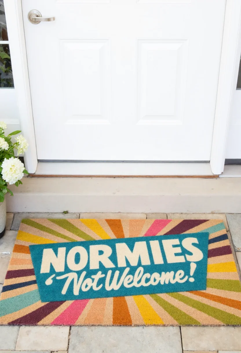 <lora:Welcome_Mat_Manufacturer_FLUX-000023:0.9>
This photograph captures a colorful welcome mat placed in front of a white front door. The mat features a vibrant, colorful design with the phrase "Normies Not Welcome" in bold, white, all caps letters.