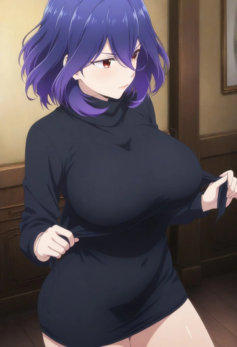 Vermeil, purple hair, medium hair, red eyes, large breasts, turtleneck dress, 4k hdr, high quality, hd
