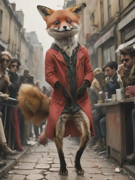 oil painting, sad (side-view:1.1) wide angle shot, low exposure, muted colors, a stnerfx new modern outfit wearing fox wearing clothes and red glasses is awkwardly prancing on a fancy catwalk fashion show that sells designer junk that makes poor people thing they look rich, by Balenciaga and Gucci and louis vuitton, depp shadows, captivating, perfect composition, <lora:- SDXL - stnerfx _Stoned_Fox_Style_V4.0:.8>
