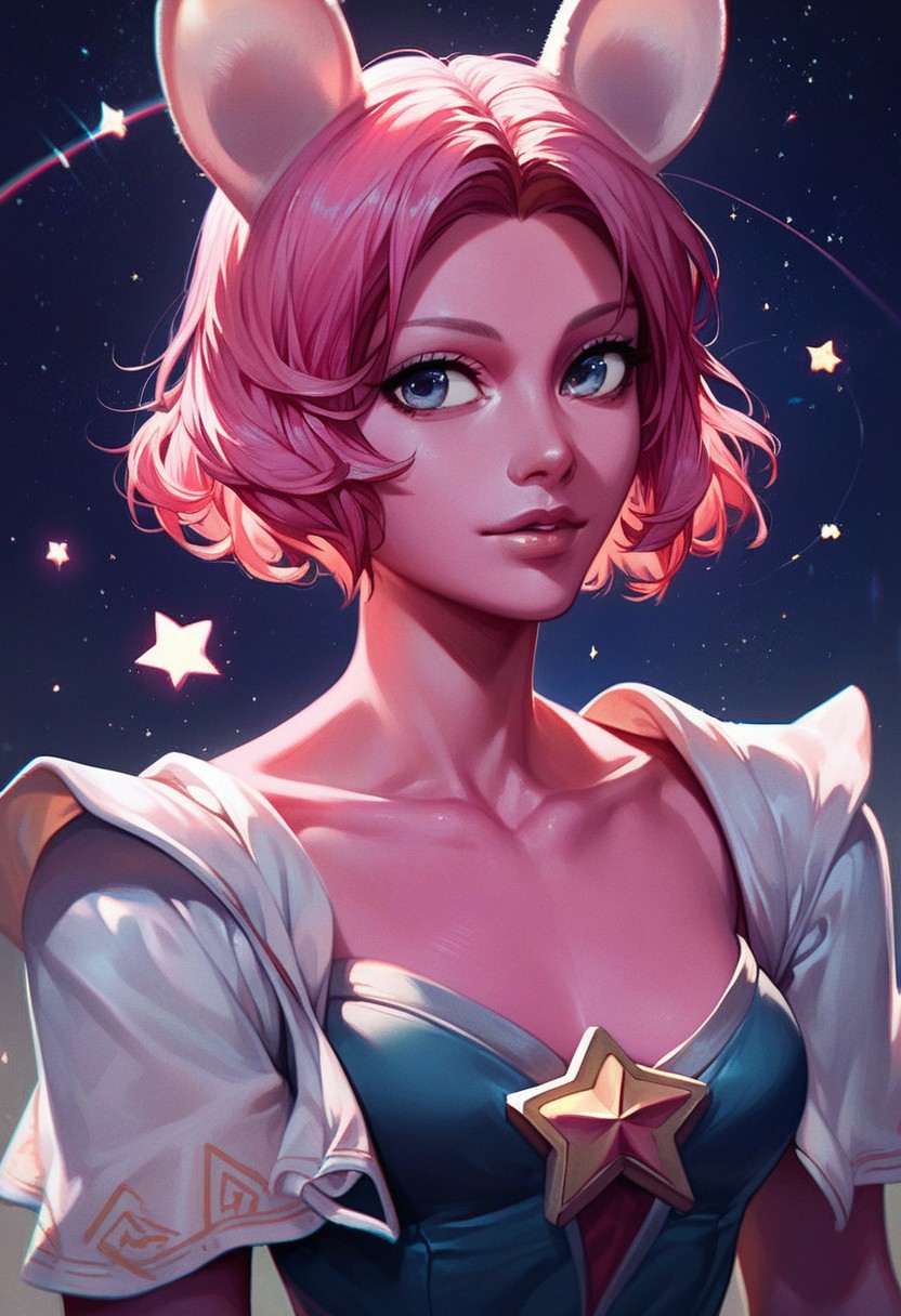 score_9, score_8_up, score_7_up, SLVTK, 1girl, solo, pink hair, short hair, upper body, animal ears, pink skin, facing viewer, dress, collarbone, star (symbol), lips, star (sky), colored skin, partially illuminated