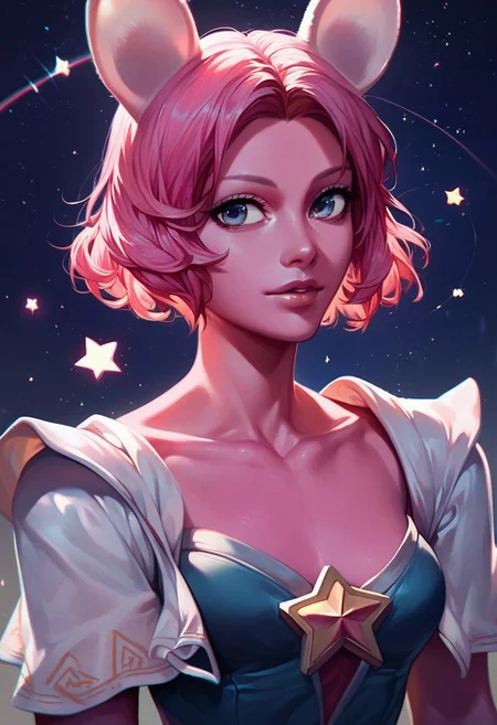 score_9, score_8_up, score_7_up, SLVTK, 1girl, solo, pink hair, short hair, upper body, animal ears, pink skin, facing viewer, dress, collarbone, star (symbol), lips, star (sky), colored skin, partially illuminated