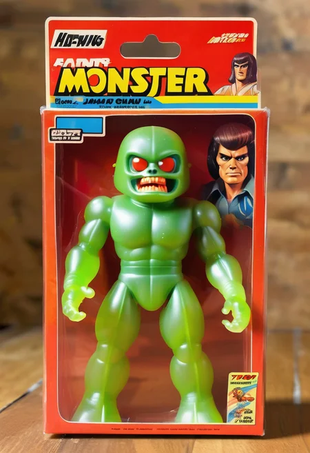 <lora:1987 Action Figure Playset Packaging:1>1987 Action Figure Playset Packaging - A product photo of a 1970s japanese toy clear monster action figure in front of packaging