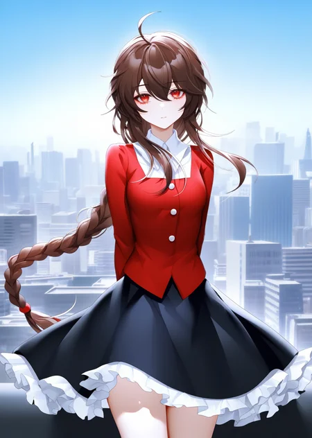 yuezheng ling,1girl,masterpiece,high quality,best quality,beautiful,cowboy_shot,city,been:0.6,wanke:0.6,blouse,frilled_skirt,