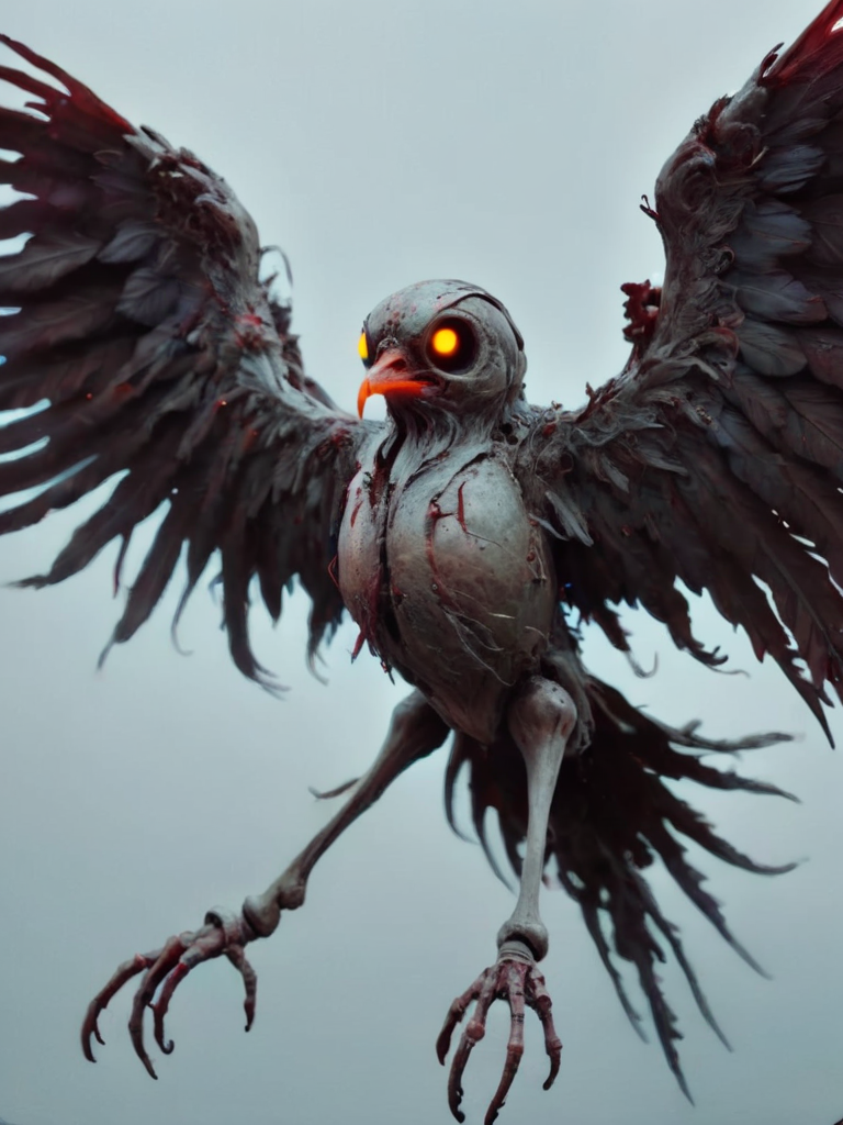 neon glowing (dead bird:1.2), spread wings, zkeleton, <lora:zkeleton-sdxl:1>