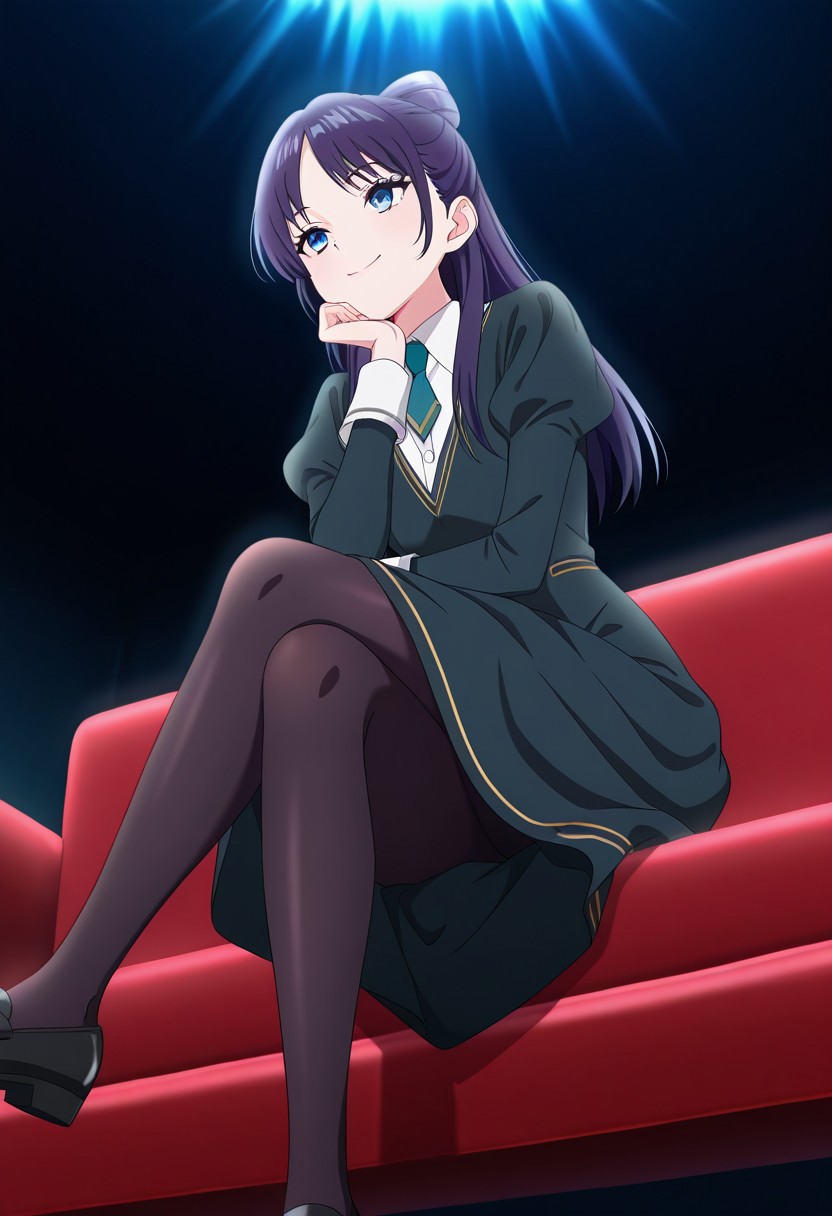 from below, (absurdres, best quality, masterpiece:1.4), amazing quality, highres, newest, detailed, detailed body, detailed face, source anime, anime coloring, beautiful, dark background, petite, on red couch, sitting, light ray, cross legs, hand to own chin, downturned eyes,
BREAK
WWNemu, 1girl, solo, standing, smile, NemuAniHu, dark purple hair, bow-shaped hair, parted bangs, half updo, blue eyes, v-neck dress, white inner collared shirt, Short necktie, juliet sleeves, long skirt, black pantyhose, black shoes,