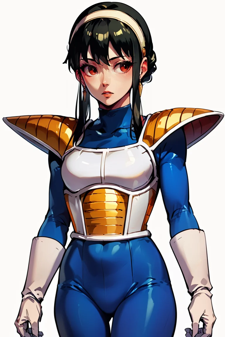 rating_safe, cowboy shot, score_9, score_8_up, score_7_up, score_6_up, source_anime, yor briar, white saiyanarmor, shoulder pads, blue bodysuit, white gloves, looking to the side, parted lips, white background, simple background
<lora:SaiyanArmorPony:1>