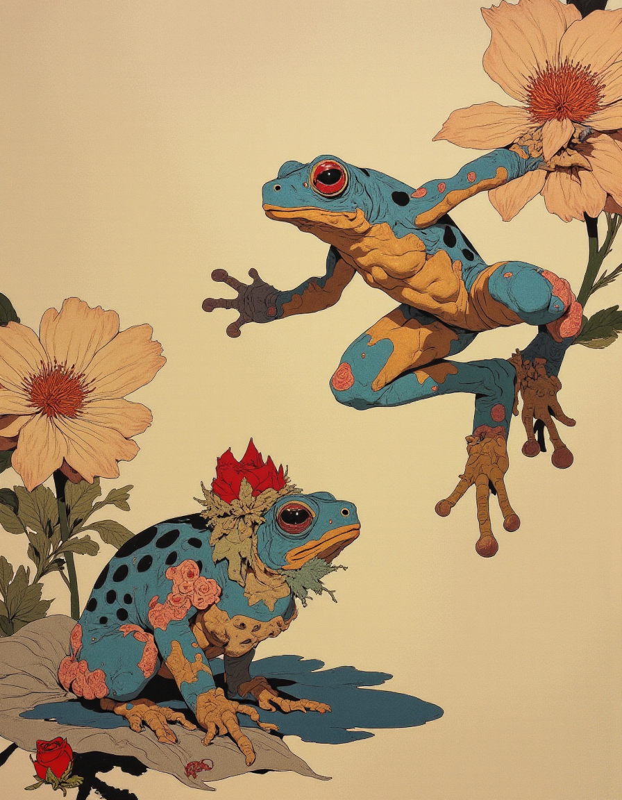 An artful colored frog leaping from one searose leaf to another, midair,on claude monets sea rose pont