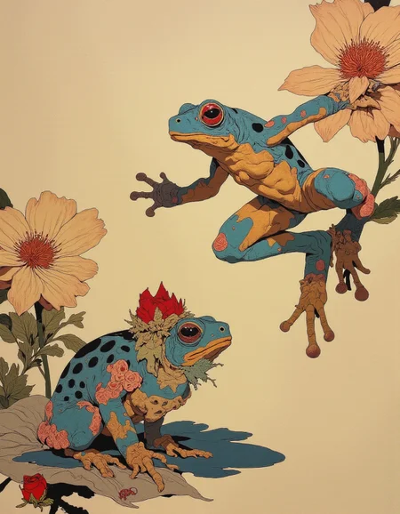 An artful colored frog leaping from one searose leaf to another, midair,on claude monets sea rose pont