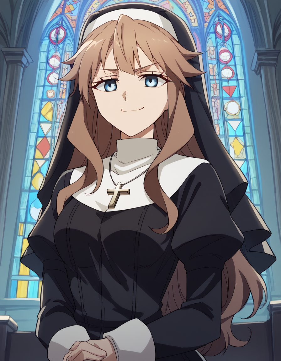score_9, score_8_up, score_7_up, source_anime, <lora:fiore-forvedge-yggmillenia-apocrypha-s1-ponyxl-lora-nochekaiser:1>, fiore forvedge yggdmillennia, long hair, blue eyes, brown hair, sidelocks, medium breasts,, <lora:traditional-nun-ponyxl-lora-nochekaiser:1>, traditional nun, nun, habit, long sleeves, dress, black dress, jewelry, black veil, cross, cross necklace,, church, smug, praying,, , dutch angle, cowboy shot
