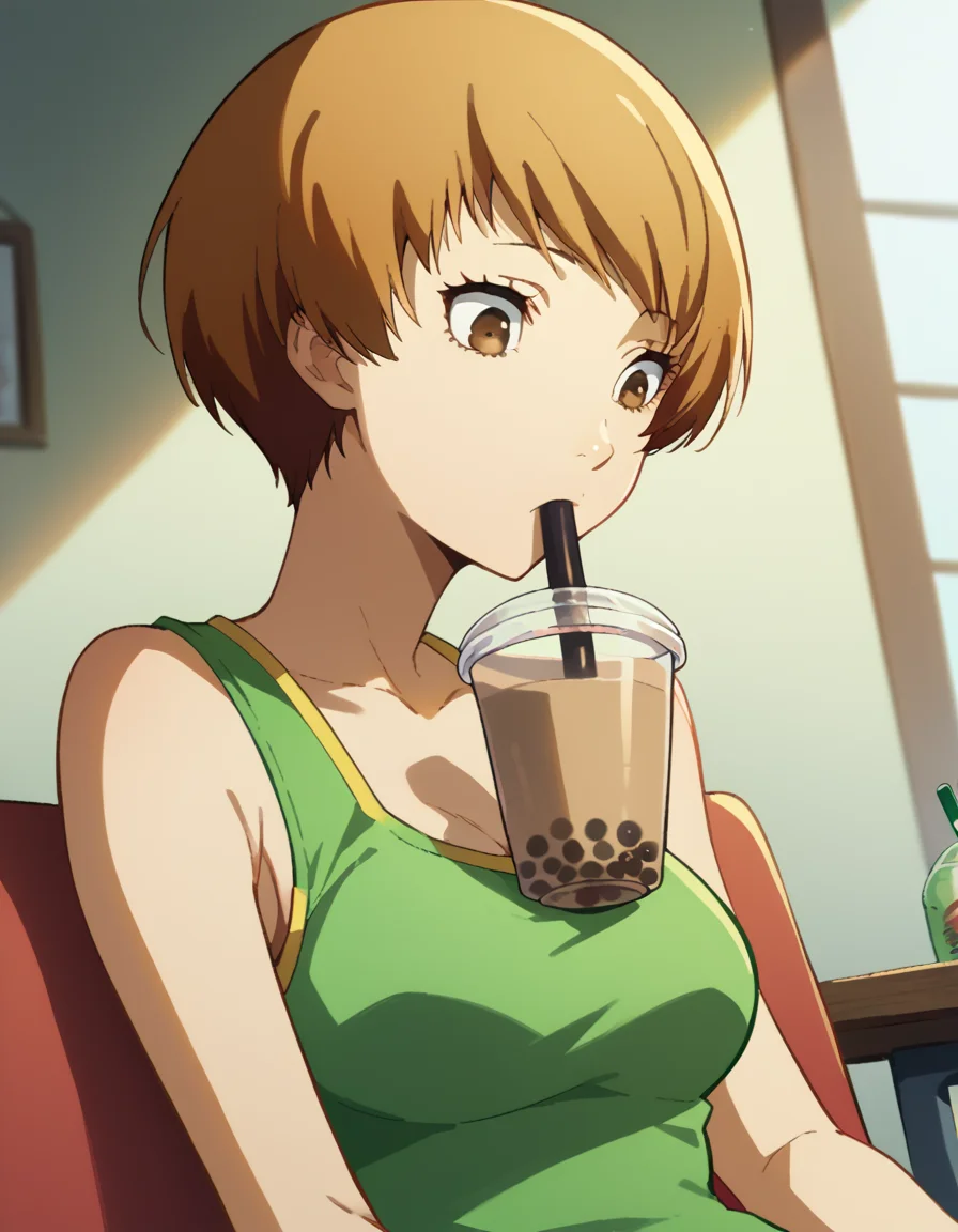 score_9, score_8_up, score_7_up, source_anime, <lora:chie-satonaka-s1-ponyxl-lora-nochekaiser:1>, chie satonaka, short hair, brown hair, brown eyes, medium breasts,, <lora:bubble-tea-challenge-ponyxl-lora-nochekaiser:1>, bubble tea challenge, bubble tea, object on breast, drinking straw, drinking straw in mouth, drinking, cup,, indoors, sitting, looking down, , cowboy shot, dutch angle