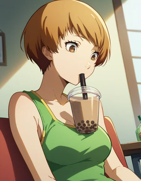 score_9, score_8_up, score_7_up, source_anime, <lora:chie-satonaka-s1-ponyxl-lora-nochekaiser:1>, chie satonaka, short hair, brown hair, brown eyes, medium breasts,, <lora:bubble-tea-challenge-ponyxl-lora-nochekaiser:1>, bubble tea challenge, bubble tea, object on breast, drinking straw, drinking straw in mouth, drinking, cup,, indoors, sitting, looking down, , cowboy shot, dutch angle
