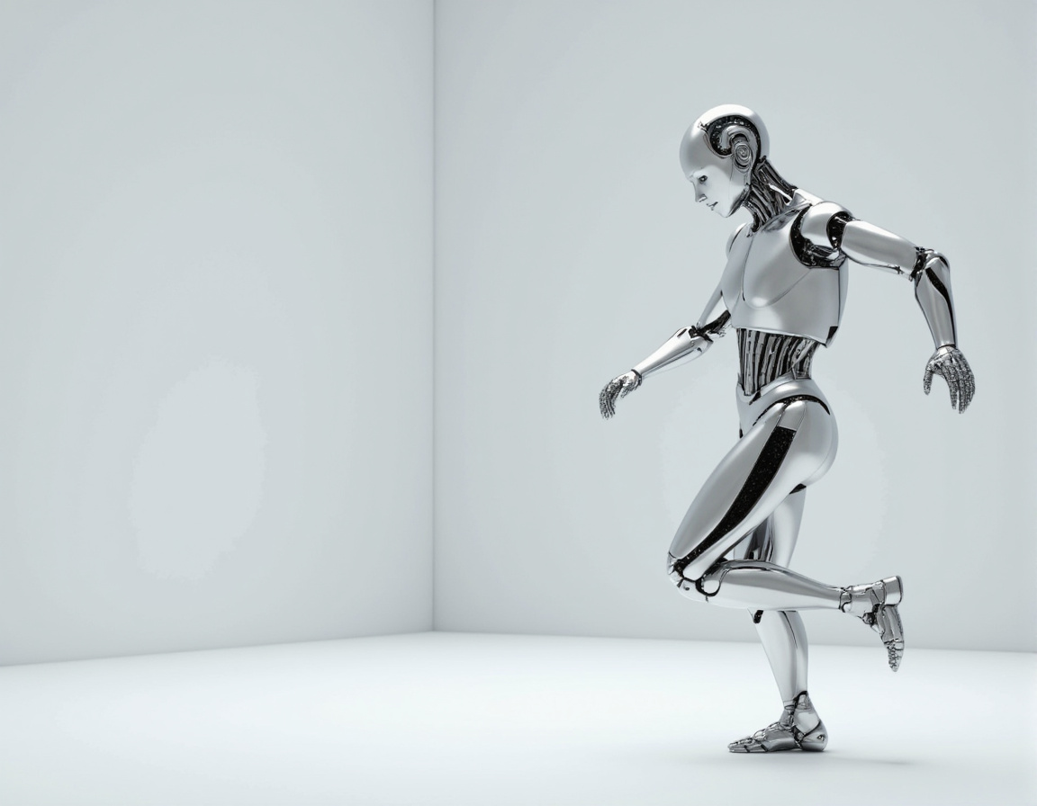 <lora:Staggering:0.85> staggering, A CGI masterpiece showcasing a sleek, chrome robot gracefully dancing in a minimalist white space, dynamic motion blur emphasizing its movements, sharp focus on the intricate details of its metallic surface, creating a visually striking contrast of form and technology. . 35mm photograph, film, bokeh, professional, 4k, highly detailed