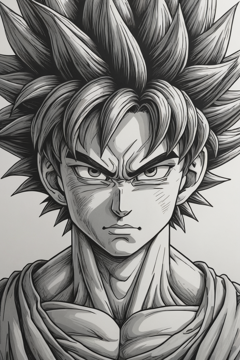 son Goku manga drawing,in great detail,monochrome
