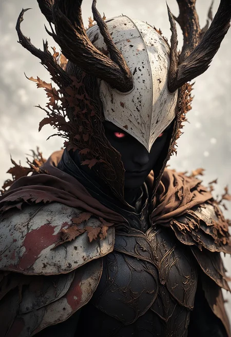 A horned goddess of war — her face framed by a towering, bone-white metal collar that rises like the jaws of an ancient beast, etched with cracked runes and ivy filigree faded by time. No helm shields her, only the sharp geometry of the collar casting shadows across her glowing black skin, patterned faintly in antique rose and parchment-toned sigils like scars of old enchantments.
Her eyes hide beneath the deep hood of a ruined war-cloak, stitched with ghost-white threads and washed-out blood-red fabric that falls in soft, swirling folds — worn like a priestess’s vestment twisted into something predatory. A single pauldrons crowns her right shoulder, shaped like weathered sandstone curling into fossilized vines, elegant yet lethal.
Her busty form is bound in heavy armor sculpted with Art Nouveau curves, every plate an artwork of brutal grace — stained, cracked, and holy. No flesh is exposed that is not deliberate: the ornate neckline bares power, not weakness. Aura tendrils rise from her back like smoke drawn in floral lines, casting sepia shadows that shift with every silent breath.
Behind her: a desaturated battlefield of memory, lit only by the haunting glow of wine-red mist and volumetric pale light. Her presence carves into the scene like a myth — motionless, eternal, manga-framed in fine, worn ink lines. A relic of war and wonder, unforgiving and divine. slomesty, mythp0rt