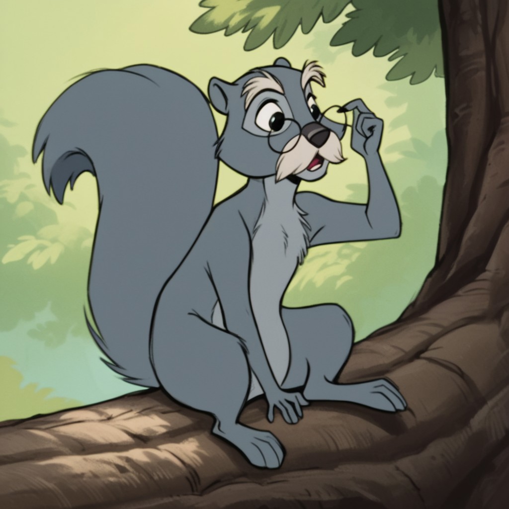 score_9, score_8_up, score_7_up, score_6_up, score_5_up, score_4_up, source_furry, SquirrelMerlin, feral, male, squirrel, grey fur, glasses, squirrel tail, mustache, sitting, in a tree,