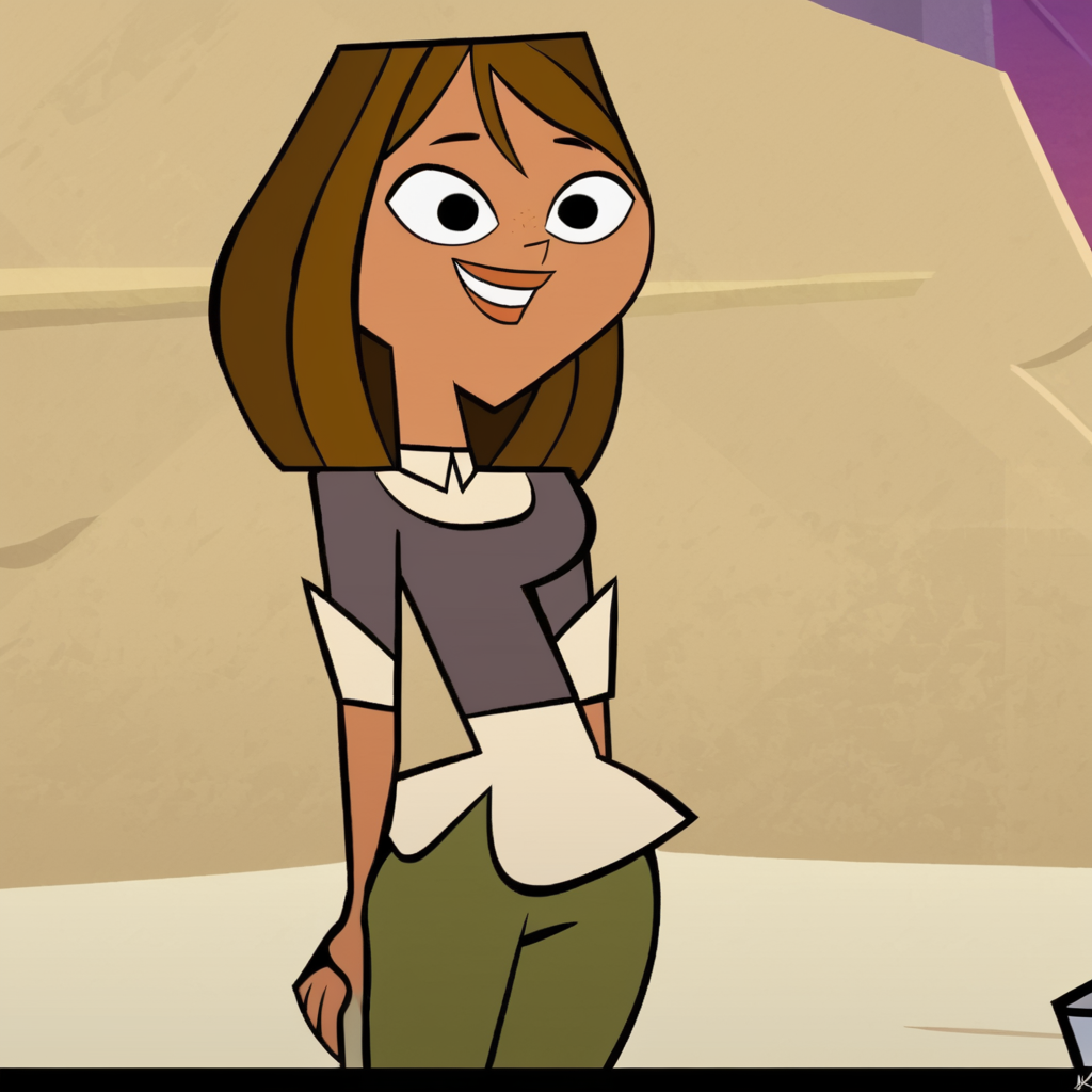 <lora:CourtneyPony:0.85>, Courtney, 1girl, brown hair, solo, smile, dark skin, black_eyes, freckles, dark-skinned female, long hair, short hair, shirt, pants,