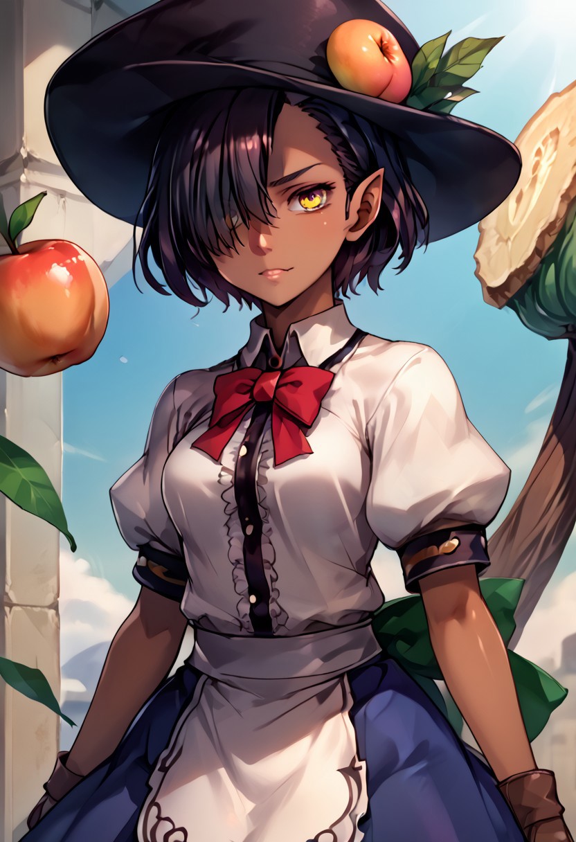 score_9, score_8_up, score_7_up, score_6_up, score_5_up, score_4_up, source_anime, , (best quality) , (highly detailed) , (best quality) , (highly detailed) ,((masterpiece)), ((best quality)), (ultra-detailed), ((extremely detailed)), (high resolution), 4K, (8K), best quality, (beautiful), (dynamic lighting), (super detailed skin), sharp focus, (1_girl, solo focus), shiny skin, masterpiece ,absurdres ,detailed face ,beautiful face ,<lora:lucaKuroinuV1:0.9> LucaKuroinu, short hair, bangs, black hair, medium breasts, yellow eyes, pointy ears, dark skin, hair over one eye, dark-skinned female, dark elf, 
 skirt, shirt, hat, bow, white shirt, short sleeves, boots, frills, food, puffy sleeves, bowtie, apron, puffy short sleeves, blue skirt, black headwear, fruit, leaf, brown footwear, frilled skirt, cross-laced footwear, peach, (rainbow order:1.5)
(portrait, upper body), OverallDetail