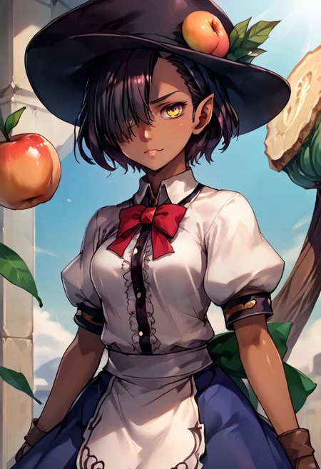 score_9, score_8_up, score_7_up, score_6_up, score_5_up, score_4_up, source_anime, , (best quality) , (highly detailed) , (best quality) , (highly detailed) ,((masterpiece)), ((best quality)), (ultra-detailed), ((extremely detailed)), (high resolution), 4K, (8K), best quality, (beautiful), (dynamic lighting), (super detailed skin), sharp focus, (1_girl, solo focus), shiny skin, masterpiece ,absurdres ,detailed face ,beautiful face ,<lora:lucaKuroinuV1:0.9> LucaKuroinu, short hair, bangs, black hair, medium breasts, yellow eyes, pointy ears, dark skin, hair over one eye, dark-skinned female, dark elf, 
 skirt, shirt, hat, bow, white shirt, short sleeves, boots, frills, food, puffy sleeves, bowtie, apron, puffy short sleeves, blue skirt, black headwear, fruit, leaf, brown footwear, frilled skirt, cross-laced footwear, peach, (rainbow order:1.5)
(portrait, upper body), OverallDetail