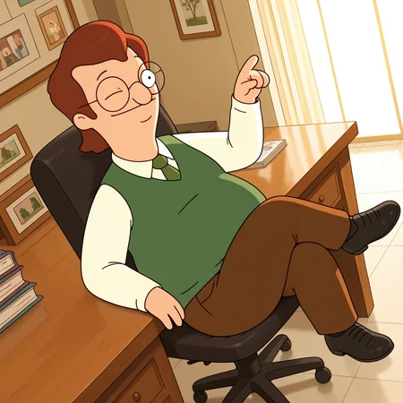 toon \(style\), BREAK radiant reflections, rich color tones, deep contrast, ntricate textures, luminous lighting, cinematic ambiance, shimmering gradients, <lora:bb-frond-v1-08:1> bb-mfrond, 1boy, glasses, plump, male focus, green sweater vest, white shirt, necktie, brown pants, black shoes, office, crossed legs, legs on table, pointing, one eye closed, dutch angle, from above, sitting, smile, on chair,