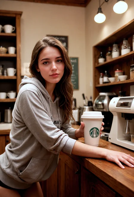 score_9, score_8_up, score_7_up, (masterpiece, best quality, ultra-detailed, realistic), realism, highly detailed, lifelike, cinematic lighting, dynamic pose, absurdres, fashion photography, 1girl, jeams, hoodie, bending over a counter in a cozy coffee shop as she reaches for a cup. The interior lighting softly highlights her toned shape, with the warm, inviting cafe environment creating a relaxed, candid scene. Background details include rustic wooden shelves with various coffee items. [natural style, warm indoor lighting, medium-wide angle]