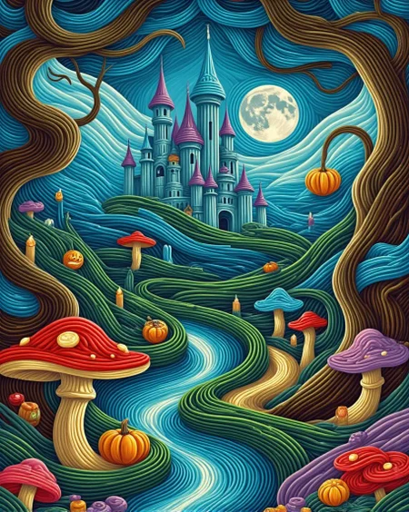 <lora:nule-flux-lora-E4.safetensors:1> nule style
In the heart of a moonlit village, a castle of pure enchantment rises, its towers outlined in swirling teal and purple, casting long, mystical shadows. The air is thick with the scent of magic, as if the very atmosphere is infused with ancient spells. The castle itself seems to shimmer, its walls made of some iridescent material that reflects the moonlight in a kaleidoscope of colors, each hue telling its own tale of wonder.
The village below is a tapestry of whimsy. Mushroom-cap houses, each a different shade of vibrant red, blue, and green, dot the landscape. The caps are adorned with intricate patterns that glow softly, casting a warm, inviting light. The trees are twisted and surreal, their branches reaching out like the arms of friendly giants, adorned with leaves that change color with each passing breeze—some a deep emerald, others a fiery orange, and still others a delicate lavender.
Twinkling candles float through the air, their light weaving a path through the forest, guiding travelers to hidden wonders. Floating pumpkins, each with a mischievous grin, bob gently, their lantern-like glow adding to the enchantment. The ground is carpeted with bioluminescent flowers, their petals shimmering in hues of blue and silver, as if the night sky had fallen to earth.
In this realm, the boundary between reality and fantasy blurs, and the air is filled with the melodies of unseen creatures. Fireflies dance in intricate patterns, their lights leaving trails of magic in their wake. The moon, a colossal, glowing orb, hangs low in the sky, its silvery light bathing everything in a ethereal glow. This is a world where every detail is a story waiting to be told, where magic is as natural as the air, and every moment is a symphony of wonder.