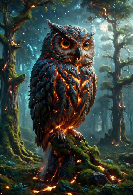 A stunningly intricate mechanical steampunk owl perches gracefully on a gnarled tree branch, its piercing gaze fixed directly upon the viewer. The creature's eyes are exquisitely detailed, reflecting the ethereal glow of a dark nebula that shimmers in the background. Soft bokeh adds an air of mystery to this captivating scene.