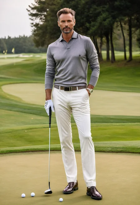 raw photo, full body, beautiful man, 40 years old, Classic Fashion, plays golf, luxurious outfit