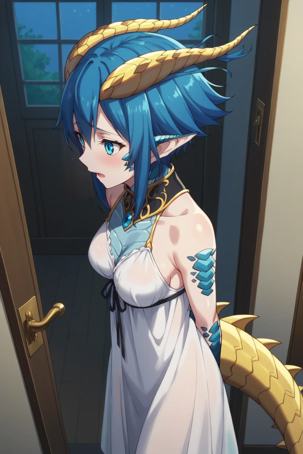 score_9, score_8_up, score_7_up, source_anime, 1girl, prefect lighting, very aesthetic, intricate details, highly detailed background, masterpiece, high quality, prefect hands, best quality, solo,
<lora:Skadi_Dragenfelt_Monster_Girl_Doctor_V1:.85>, KJOskadi, dragon girl, monster girl, dragon tail, scales, blue hair, horns, blue blue eyes, slit pupils, pointy ears, short hair, long ears,
nightgown, bare shoulders,
standing, pov, embarrassed, looking to the side, blush, open mouth, from above, arms behind back,
indoors, night, doorway,
(Beautiful, medium Breasts:1.2), natural breasts,