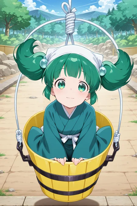 absurdres, highres, masterpiece, best quality, amazing quality, official anime artwork, screencap, anime screencap, outdoors, looking at viewer, light smile, midair, surprised,
<lora:Kisume_Illustrious:1> kisume, 1girl, solo, green eyes, green hair, short hair, short twintails,, kisume \(bath bucket\), alternate costume, hair bobbles, white headwear, headscarf, japanese clothes, white shirt, blue kimono, wide sleeves, white rope, yellow bucket, in bucket,