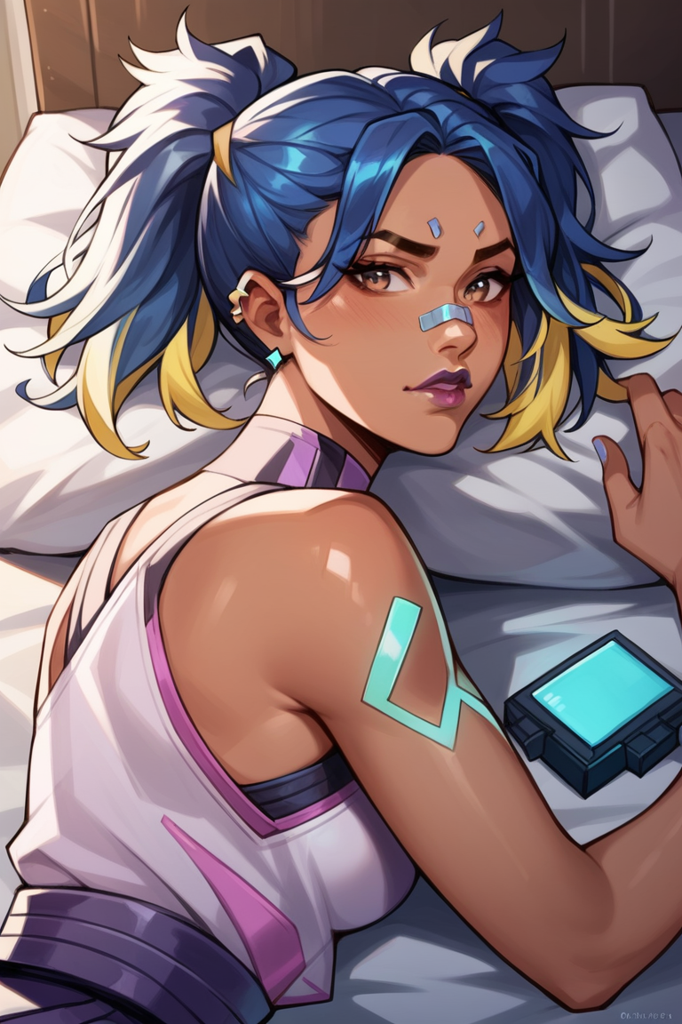 1girl, solo, <lora:neon_valorant_xl:0.5> neon_valorant, illustration , indoors,  dark skin, shirt, lying on bed, twintails,, score_9, score_8_up, score_7_up, source_anime,