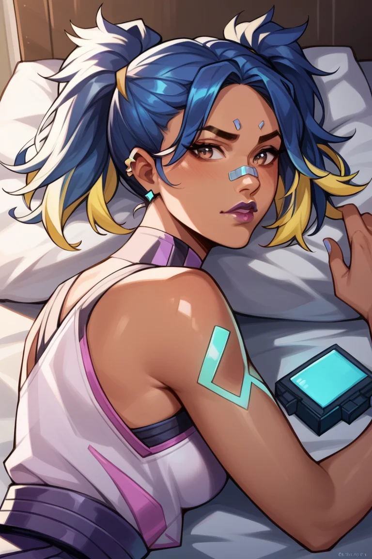 1girl, solo, <lora:neon_valorant_xl:0.5> neon_valorant, illustration , indoors, dark skin, shirt, lying on bed, twintails,, score_9, score_8_up, score_7_up, source_anime,