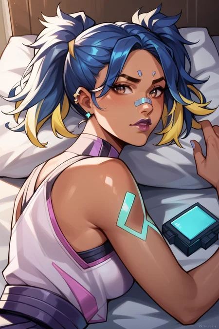 1girl, solo, <lora:neon_valorant_xl:0.5> neon_valorant, illustration , indoors, dark skin, shirt, lying on bed, twintails,, score_9, score_8_up, score_7_up, source_anime,