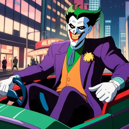 anime artwork of  <lora:Joker:1.2>
Joker a cartoon character riding a bumper car in a city in Gotham city universe, anime style, key visual, vibrant, studio anime,  highly detailed