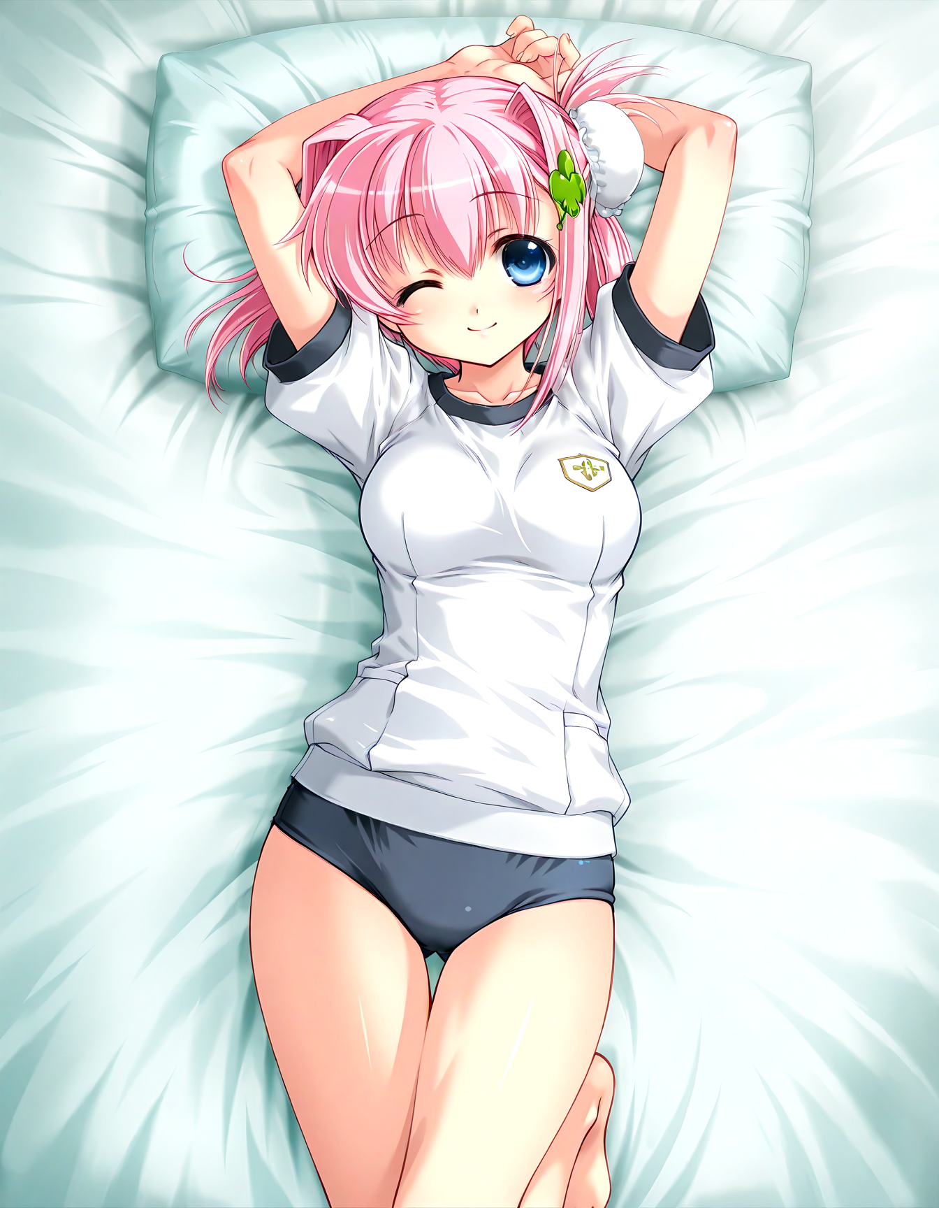 (1girl, solo:1.3), (2girls, 3girls, 4girls, multiple girls, 2boys, 3boys, 4boys, multiple boys:-1.5) <lora:Ainame_Chisato_Hachukano_Illustrious:0.9>, Ainame Chisato, medium breasts, blue eyes, pink hair, short hair, bangs, hair intakes, hair between eyes, sidelocks, bun cover, single hair bun, hair bun, four-leaf clover hair ornament, clover hair ornament, hair ornament, gym shirt, black buruma, smile, one eye closed, general, contrapposto, dynamic pose, arms behind head, portrait, straight-on, from above, dutch angle, indoors, infirmary, clean, (white theme:1.3), bed sheet, pillow, head on pillow, on bed, lying, on back, wide window, outdoor view, curtains, plant, potted plant, (perspective:0.7), barefoot, <lora:NOOB_EPSv1_1_detailer_by_vlnvk_v1_0:1.5>, (photo background:0.7), night, (tachibana yuu:0.6), inue shinsuke, (kazuma muramasa:0.0), saikawa yusa, (aoi manabu:0.6), abarerumidori, (suzui narumi:0.6), masterpiece, newest, absurdres, 8K, anime screenshot, anime coloring, flat color, official art, film grain, <lora:illustriousXLv01_stabilizer_v1.185c:0.7>, <lora:LECO_Solo:-4.0>,