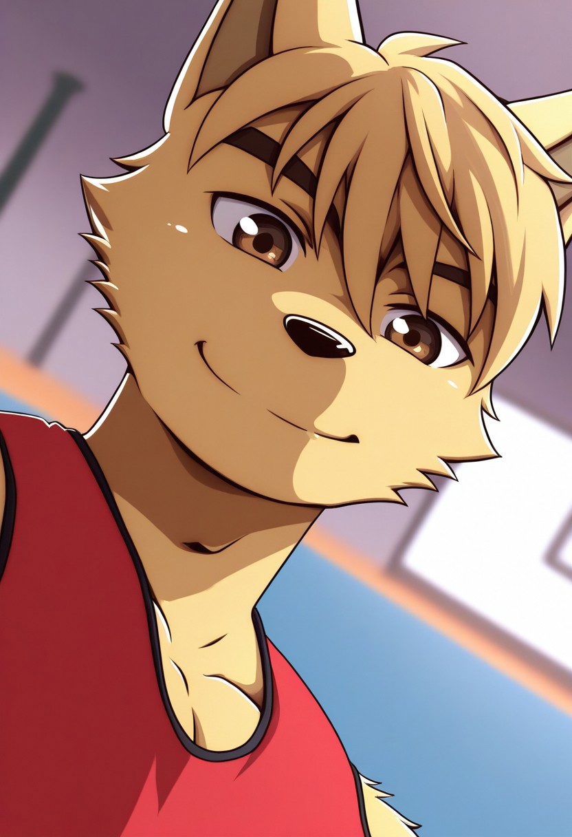 <lora:DanielDxO_ILLXL:1>, daniel, dingo boy, blond fur, blond hair, short hair, dog tail, brown eyes, no humans, perfecteyes, furry male, furry, anthro, 1boy, solo, muscular, athletic build, large pectorals, beautiful, highres, absurdres, hyper-detailed, depth of field, very aesthetic, soft shading, high sharpness, vibrant colors, dynamic angle, semi-realistic lighting, detailed background, basketball court, red tank top, red shorts, sportswear, face focus, close up, portrait, smile, ^_^