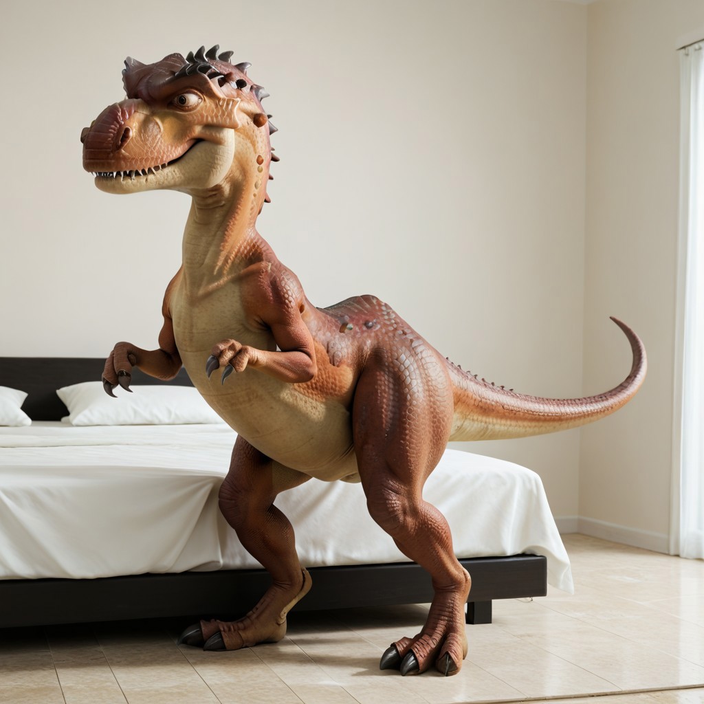 score_9, score_8_up, score_7_up, score_6_up, score_5_up, score_4_up, masterpiece, high quality, realistic, detailed, best quality, white bed, solo, rating_safe, source_furry, bedroom, smiling, seductive, standing, full body, detailed eyes, Mommatrex_ia, dinosaur, brown scales, tail, claws, female, 1girl, brown eyes, feral