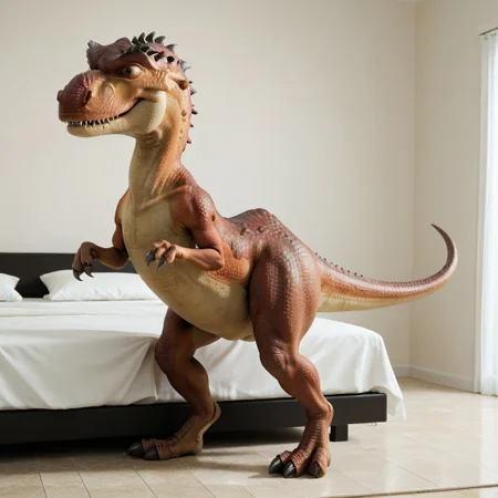 score_9, score_8_up, score_7_up, score_6_up, score_5_up, score_4_up, masterpiece, high quality, realistic, detailed, best quality, white bed, solo, rating_safe, source_furry, bedroom, smiling, seductive, standing, full body, detailed eyes, Mommatrex_ia, dinosaur, brown scales, tail, claws, female, 1girl, brown eyes, feral