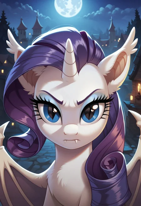 score_9, score_8_up, score_7_up, score_6_up, score_5_up, score_4_up, my little pony, solo, pony, feral pony, bat pony, rarity, bat wings, fangs, moon, forest, night, look at you, serious, city background, castlevania, sit, on knees, 1girl, beautiful, detailed, (detailed cute pony face), detailed eyes, detailed fur, beautiful, vector, flat colors, (beautiful long eyelashes), ((close-up)), high angle
