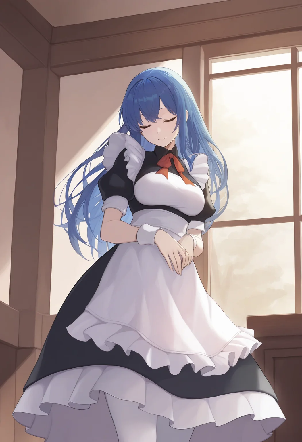 masterpiece, best quality, 1girl, solo, <lora:caeda-fe-richy-v1_ixl:1> caedarnd, blue hair, long hair, bangs, breasts, maid, maid outfit, standing, smile, closed eyes, head tilt, closed mouth, white pantyhose,
